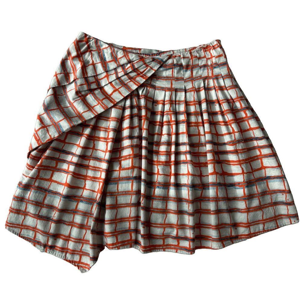 Anthropologie Maeve Women’s 4 Asymmetrical Plaid Pleated Orange/Blue Skirt Chic